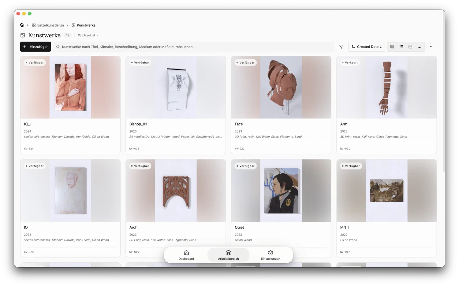 Artwork inventory in Opus: works shown as a gallery with work number, year, medium and a status marker