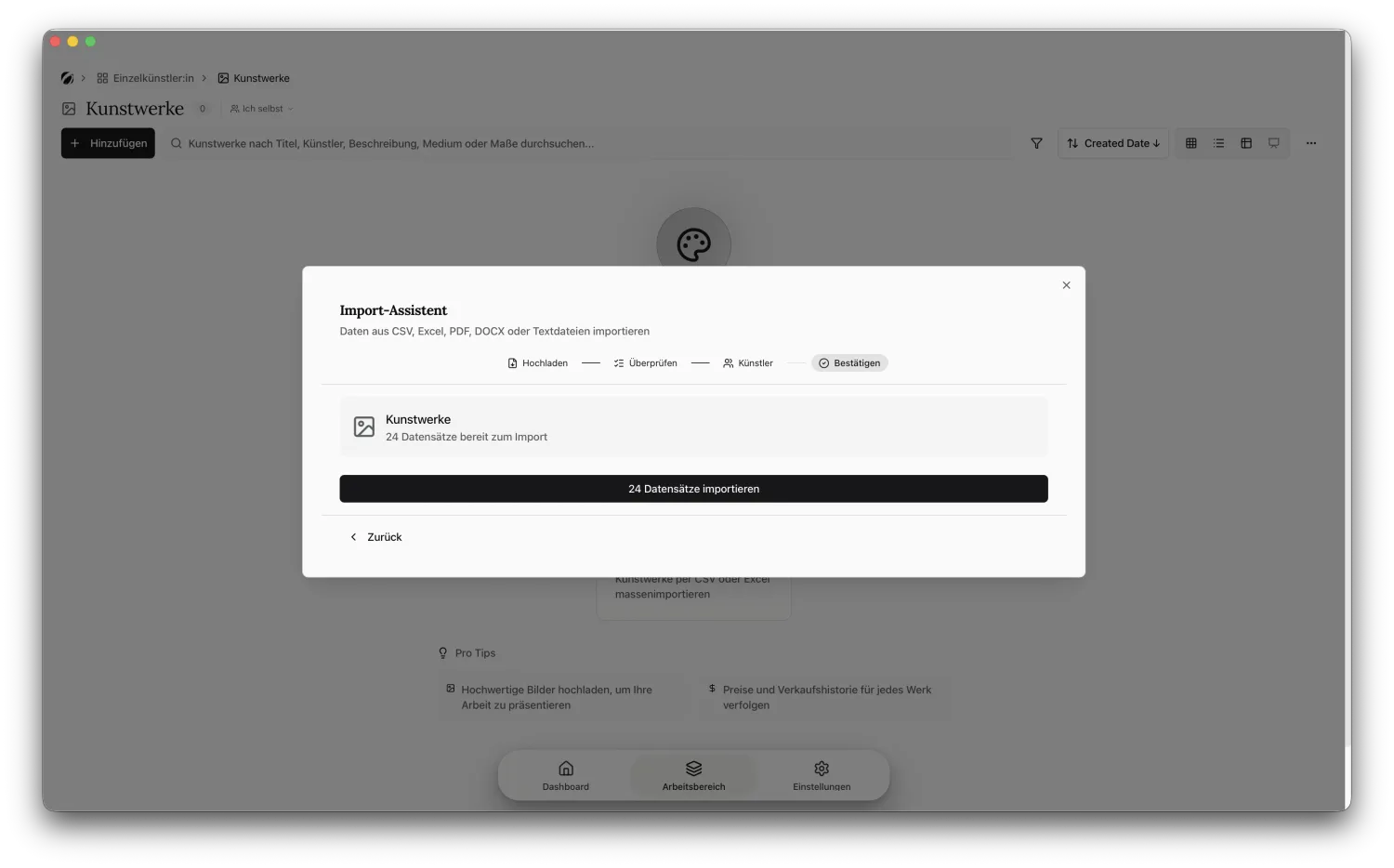 Der Bestätigen-Schritt mit der Schaltfläche, 24 Datensätze zu importieren